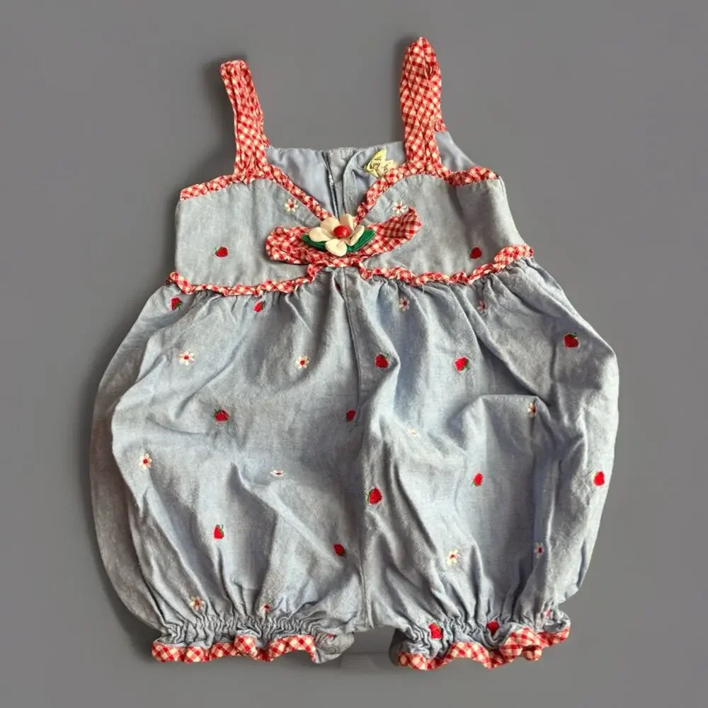 Vintage Girls Strawberry Berry Sun Suit Gingham Ruffles Cotton Jumper Blue 2T